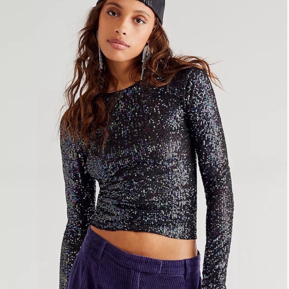 NEW Free People gold rush black sequin long sleeve top Sz XS MAKE AN OFFER